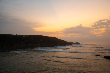 Sahilde gün batımı Yeşil kayalıklarda ineklerin siluetleri