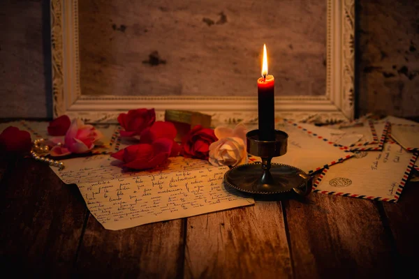 Envelopes Romantic Letters Them Lit Candle Wooden Background Empty Photo — Stock Photo, Image