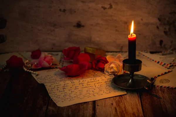 Envelopes Romantic Letters Them Lit Candle Wooden Background — Stock Photo, Image