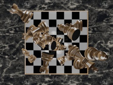 Koyu mermer bir masanın üzerindeki taşların üzerine düştüğü satranç tahtasının zenital görüntüsü. 3d oluşturma