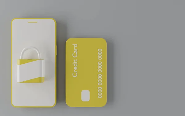 Carte Crédit Jaune Avec Téléphone Portable Jaune Blanc Cadenas Sur — Photo