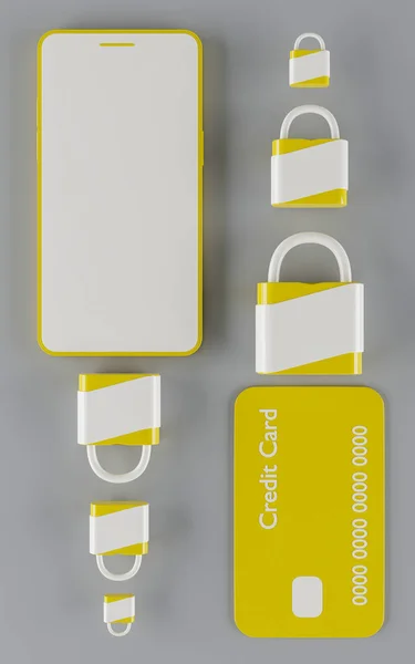 Желтый Мобильный Телефон Пустым Экраном Замки Безопасности Желтая Кредитная Карта — стоковое фото