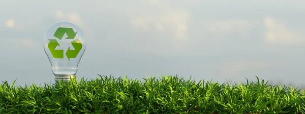 Bulbo Vidrio Suelo Lleno Vegetación Con Fondo Nubes Símbolo Reciclaje — Foto de Stock