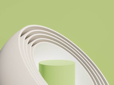 Üzerinde küresel şekiller ve yeşil arkaplan olan yeşil silindirik ürün standı. 3d oluşturma