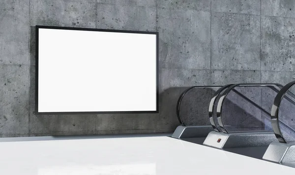 Beton duvarı ve mermer zemini olan bir metro istasyonunda yürüyen merdivenlerin yanında reklam panosu maketi. 3d hazırlayıcı