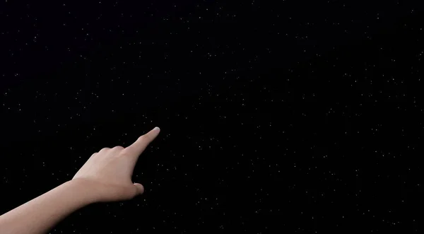 woman\'s hand pointing to starry sky with space for text. 3d rendering