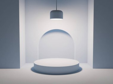 Boş bir silindiri aydınlatan bir lambayla ürün sunumu için beyaz podyum. 3d oluşturma