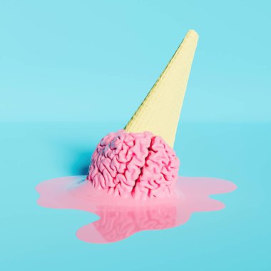 Pastel mavi arka planda erimiş pembe beyinli dondurma külahı. 3d oluşturma
