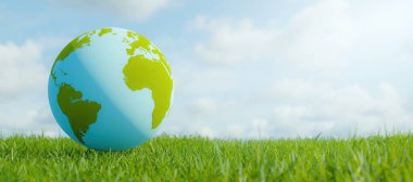 Bulanık bulutlu gökyüzü ile çimlerin üzerinde dünya gezegeni. çevre kavramı. 3d oluşturma