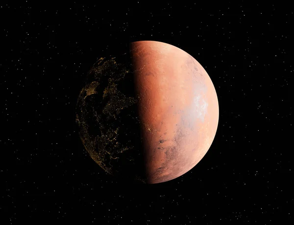 Планеты Марс Огнями Цивилизаций Скрытом Лице Концепция Колонизации Планет Рендеринг — стоковое фото