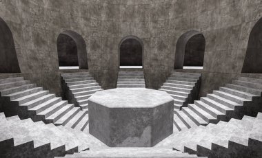 Beton bir odanın içinde kemerli merdivenleri olan minimal ürün podyumu. 3d oluşturma