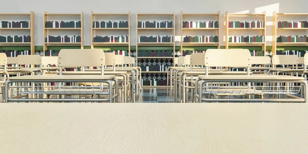 Aula Escuela Con Primer Plano Mesa Vacía Del Profesor Escritorios — Foto de Stock