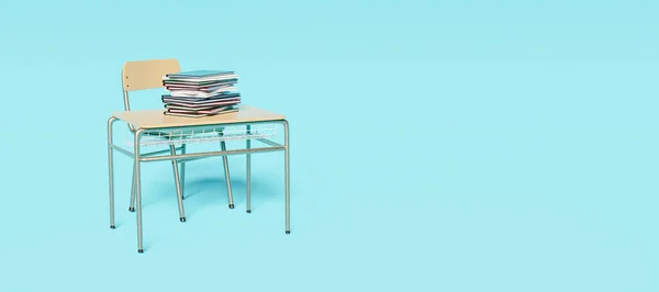 Blue Banner Solitary School Desk Books Top Rendering — Stock Photo, Image