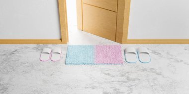 gradient pastel colored mat and slippers in front of an open door. 3d rendering clipart