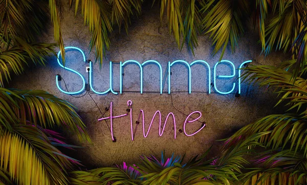 Neonlampe Mit Den Worten Sommer Time Umgeben Von Palmblättern Darstellung — Stockfoto