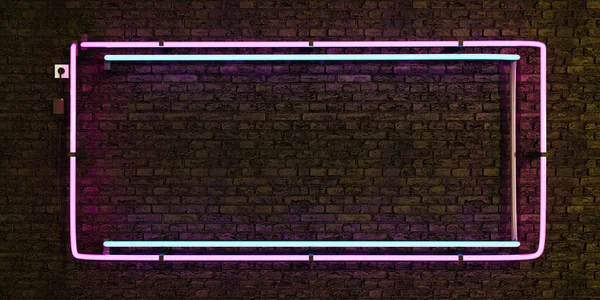 Lampada Neon Realistica Rosa Blu Cornice Vuota Muro Mattoni Rendering — Foto Stock