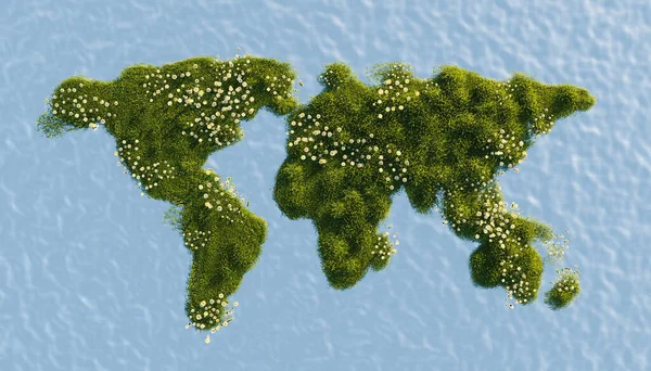 Mappa Del Mondo Ricca Vegetazione Fiori Primaverili Rendering — Foto Stock