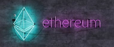Ethereum sembollü neon lamba başlığı. Kripto para birimi. Harfler. 3d oluşturma