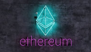 Beton duvardaki neon lambada ethereum sembolü. Kripto para birimi. Harfler. 3d oluşturma