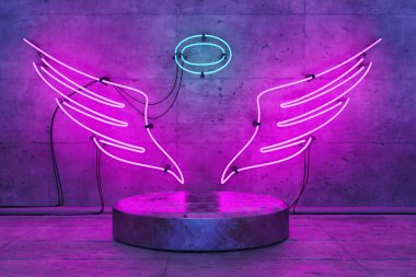 Melek şeklinde neon lamba. Ürün gösterisi için tabanı var. 3d oluşturma