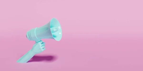 Mão Segurando Megafone Azul Fundo Rosa Com Espaço Para Texto — Fotografia de Stock