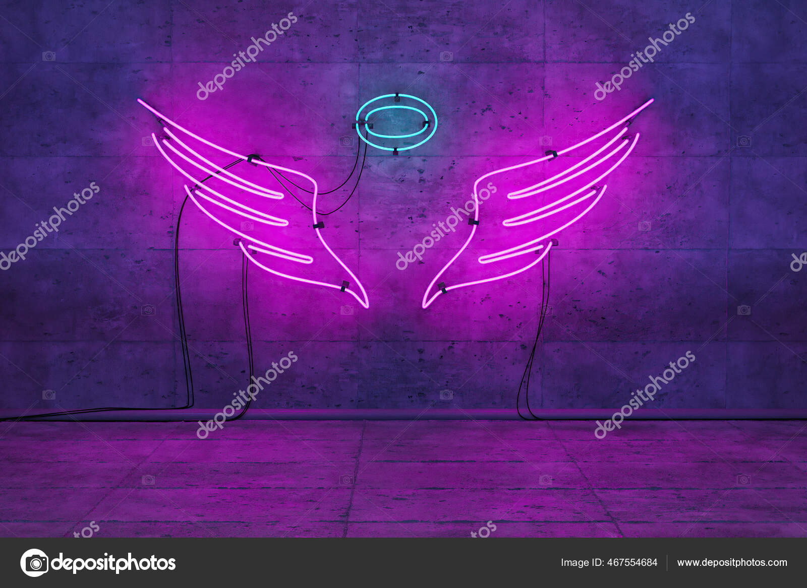 Неоновая Розовая Лампа Крыльями Ангела Корона Пустой Комнате.