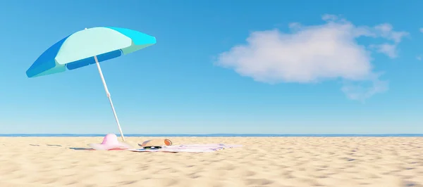 Parasol Kapelusz Okulary Torba Plaży Czas Letni Skopiować Przestrzeń Renderowanie — Zdjęcie stockowe