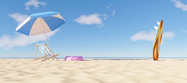 Ομπρέλα Ξαπλώστρα Και Σανίδα Του Σερφ Στην Παραλία Θερινή Ώρα — Φωτογραφία Αρχείου