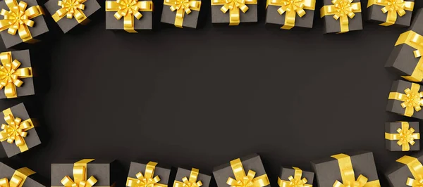 Πανό Που Περιβάλλεται Από Σκούρα Κουτιά Δώρων Χρυσές Κορδέλες Και — Φωτογραφία Αρχείου