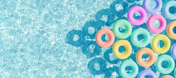 Swimming Pool Seen Many Rings Floating Pastel Colors Header Summer — Stock Photo, Image