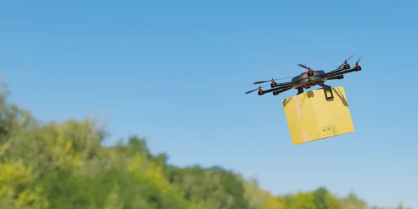 Drone Voando Com Pacote Papelão Com Fundo Árvores Fora Foco — Fotografia de Stock