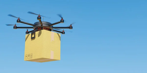 drone flying with a cardboard package for home delivery. future delivery concept. space for text. 3d render
