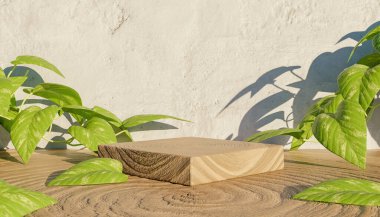 Ürün sunumu için etrafında ot yaprakları olan ahşap bir podyum. 3d hazırlayıcı