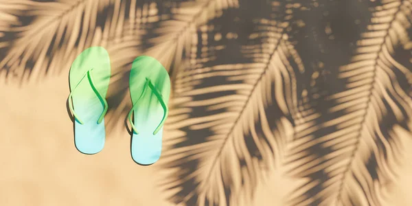 Flip Flops Gradient Color Beach Sand Palm Tree Shadow Space — Stock Photo, Image