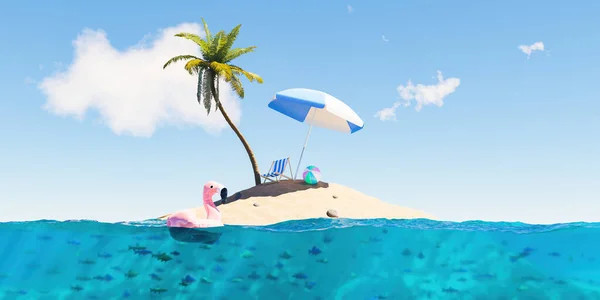 Kleine Insel Mit Palme Und Strandzubehör Mit Unterwasserblick Voller Fische — Stockfoto