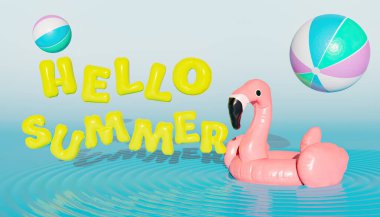 Flamingo 'nun yanındaki yaz balonları havada plaj toplarıyla yüzüyor. Yaz arkaplanı. 3d hazırlayıcı