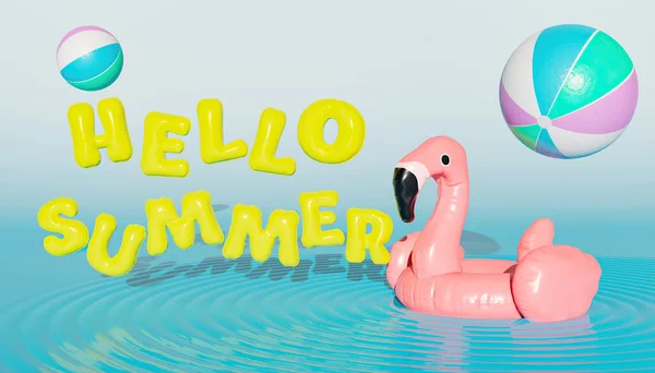 Hello Sommer Luftballons Neben Flamingos Schwimmen Mit Strandbällen Der Luft — Stockfoto