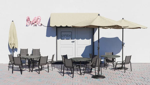 bar terrace with neon sign, tables, umbrellas and open sign on a sunny day. new normal. summer of freedom. 3d render