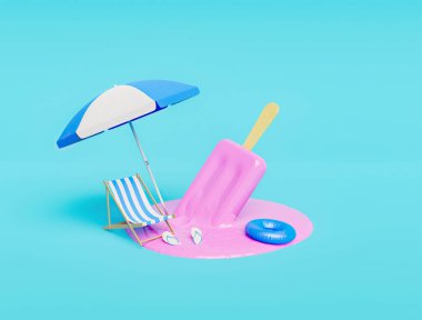 Erimiş çilekli dondurma ve pastel renkli plaj aksesuarları. Yaz konsepti. 3d hazırlayıcı