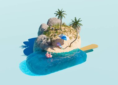 Okyanus şeklinde bir dondurma ve palmiye ağaçları ve tatil aksesuarları olan küçük bir plaj manzarası. 3d hazırlayıcı