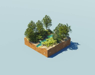 Etrafında ağaçlar ve nehir olan küçük bir doğa köşesinin izometrik çizimi. 3d hazırlayıcı