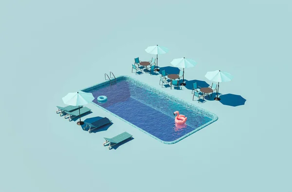 Isometrische Darstellung Eines Hotelschwimmbeckens Mit Umliegenden Sonnenschirmen Und Hängematten Sommerkonzept — Stockfoto