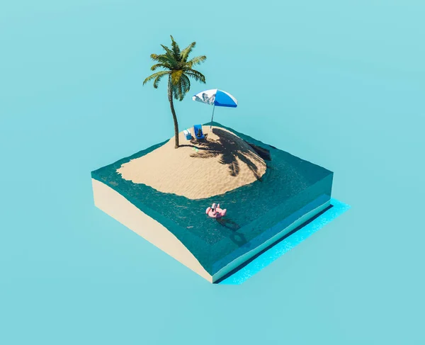 Isometric Illustration Small Island Palm Tree Beach Accessories Summer Concept — Stock Photo, Image