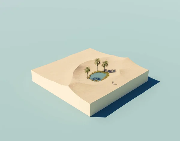 isometric illustration of a desert with a small lake and a person in a suit walking on the sand. 3d render