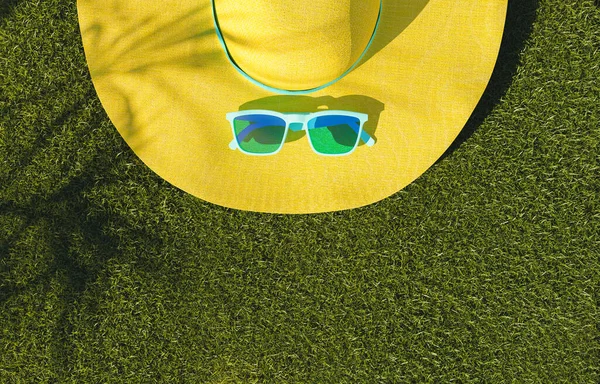 잔디밭 야자나무 그늘에는 선글라스와 모자가 — 스톡 사진