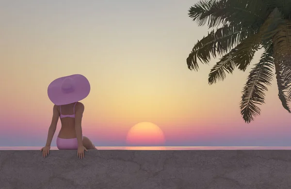 Caucasian Woman Sitting Front Sea Watching Summer Sunset Palm Tree — Photo