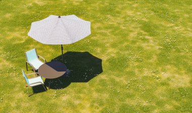 Yeşil bir çayırın üzerinde çiçekli şemsiyeli bir masanın üst görüntüsü. 3d hazırlayıcı