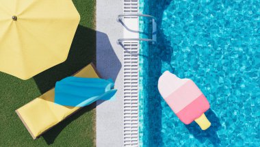 Çimenlik bahçesinde şemsiyeli ve hamaklı bir yüzme havuzu manzarası. Güneşli bir gün, pastel renkler. 3d hazırlayıcı