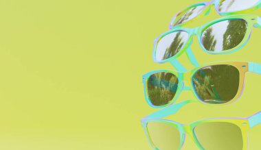 Sarı arkaplanı ve yazı için yeri olan pastel renkli parlak güneş gözlükleri. 3d hazırlayıcı