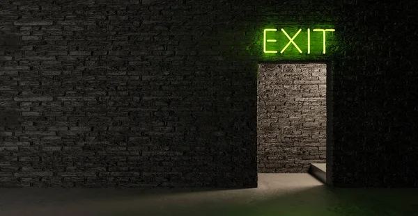 Ciemne Wnętrze Metra Murowanych Ścian Podświetlanymi Drzwiami Neonowym Napisem Exit — Zdjęcie stockowe